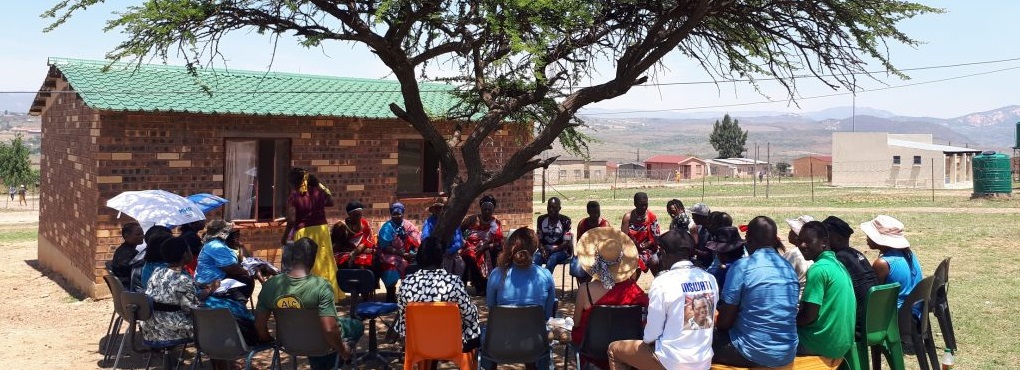 people seated on chairs around an acacia tree in a rural setting